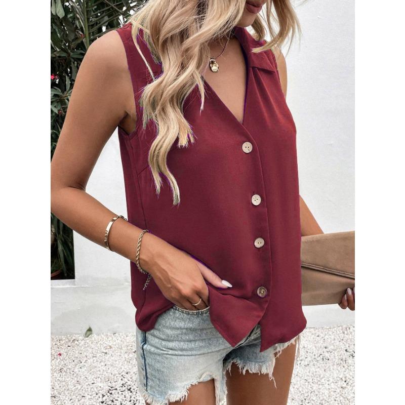 Women Summer New Style Solid Color V Neck Loose Chiffon Shirt Sleeveless Button Down Vest Blouse