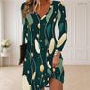 Women Plus Size V Neck Long Sleeve Black Floral Printed Curved Hem Dress
