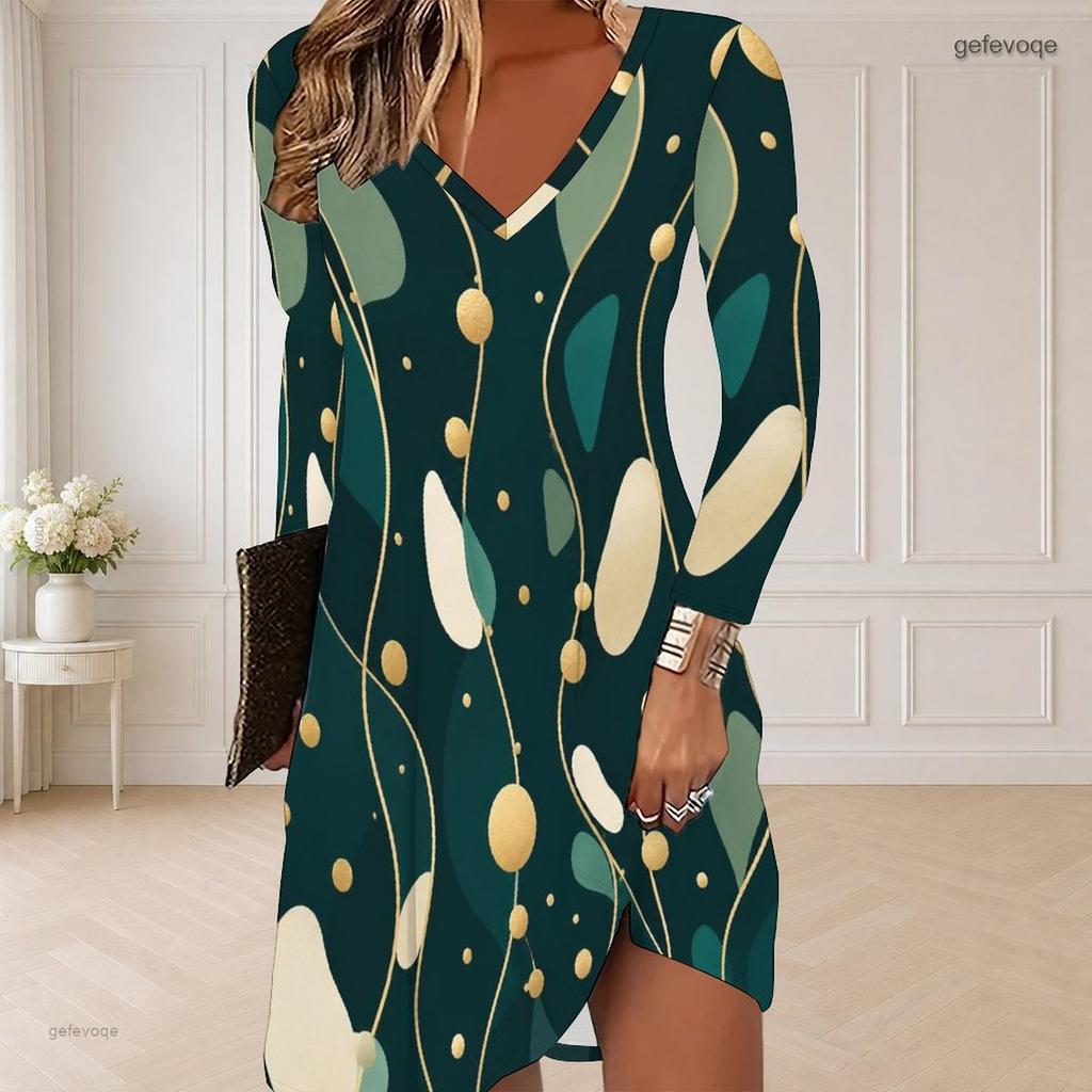 Women Plus Size V Neck Long Sleeve Black Floral Printed Curved Hem Dress