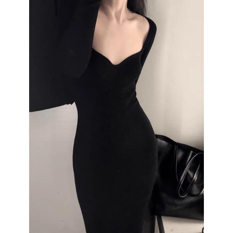 

[] Маленькое черное платье вечернее платье с юбкой-свитером, облегающей бедра, с пальто, вязаное платье женское осенне-зимнее S чёрный