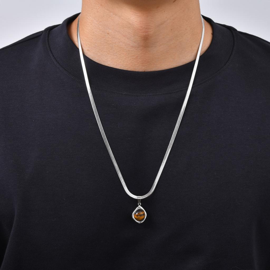 Vnox Natural Stone Pendant Necklace, Stainless Steel Blade Chain, Obsidian Tiger Eye Turquoise Lapis Stone Jewelry Gift for Men