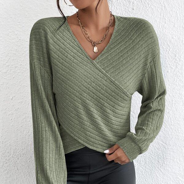 IHUASU Women's Autumn and Winter Niche V-Neck Crossover Pullover Long Sleeve T-Shirt