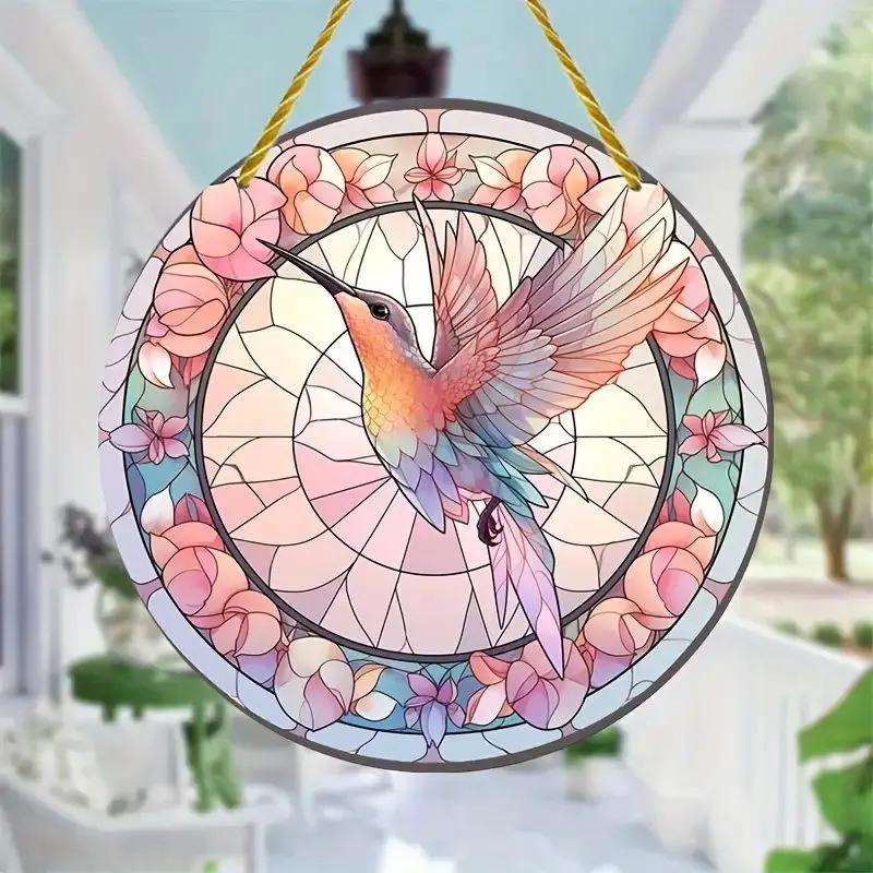 NEW Acrylic Painted Hummingbird Pendant Bird Floral Pattern Suncatcher Round Wreath Porch Window Outdoor Patio Hanging Ornaments