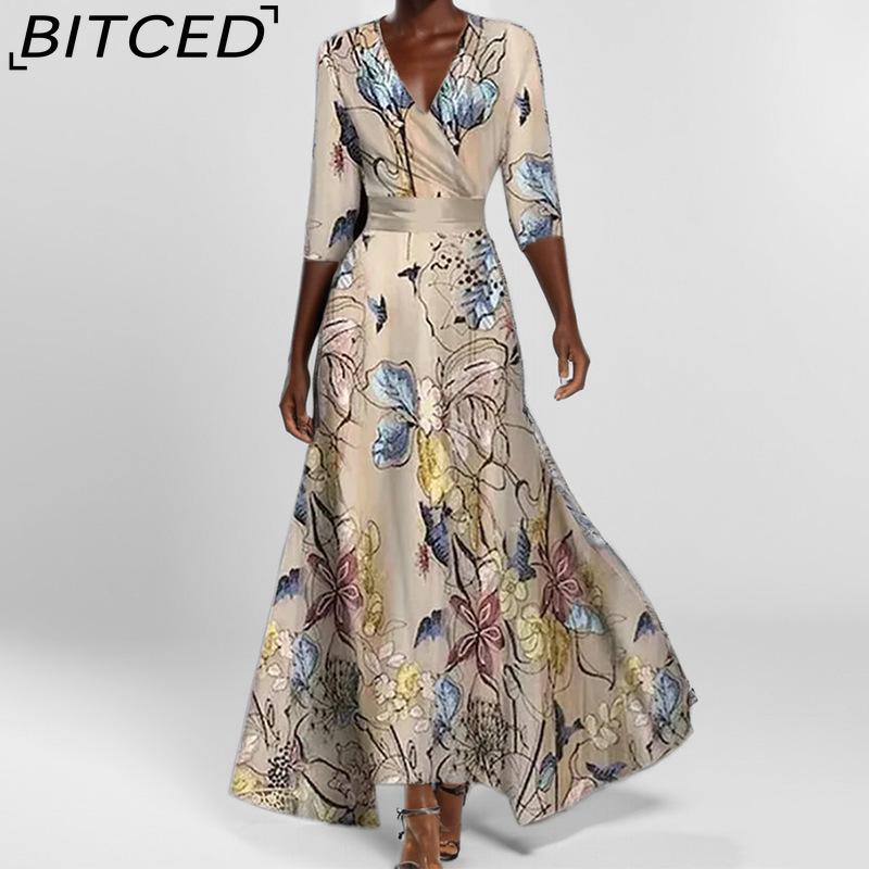 BITCED Women's Fashionable Elegant V-Neck Printed Tie-Waist Full-Skirted Dress