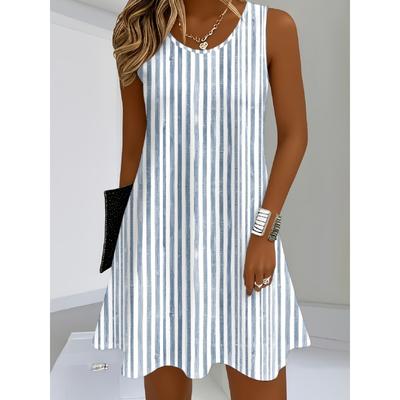 Ladies' Sleeveless Line Printed Dress - Spring and Summer Vitality Pretend, Round Neck Design, Machine Washable, Breathable Fabric Suitable for Beach