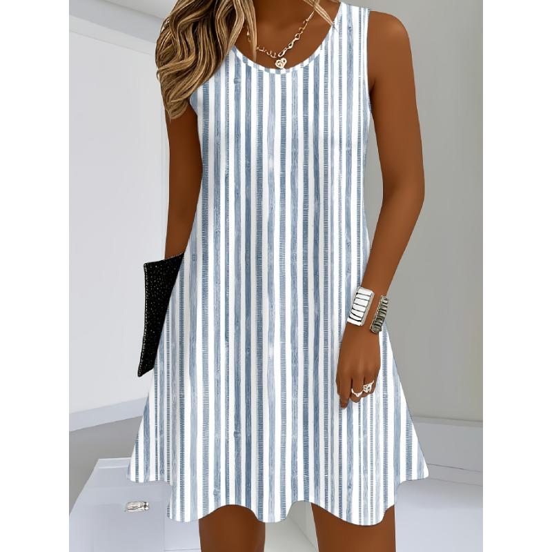 Женское платье без рукавов с принтом в полоску - Весенне-летняя жизнерадостность, Круглый вырез, Можно стирать в машине, Дышащая ткань, Подходит для пляжа 5XL