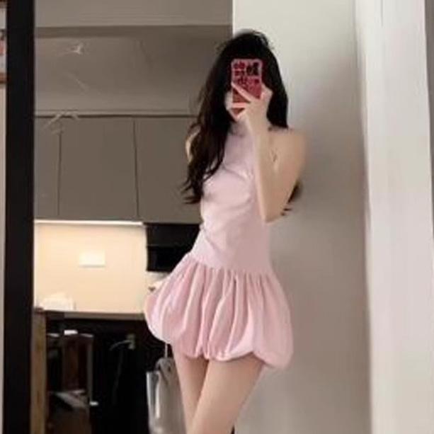French Sweet Pink Sleeveless Neck Dress Women's Summer Design Sense Waist Skinny Fluffy Short Skirt Small Man