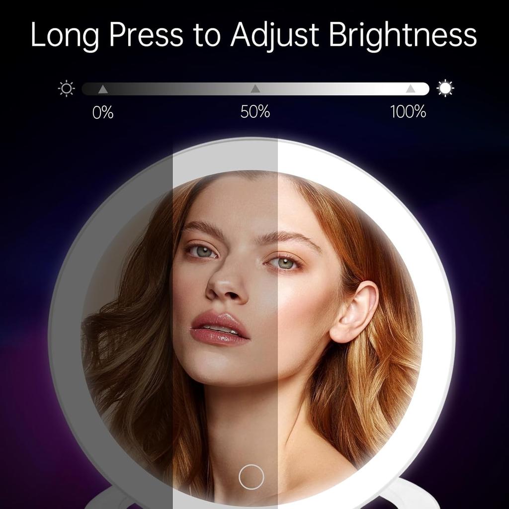 Rechargeable Magnifying Makeup Mirror 10X/1X Double Sided Lighted Travel Makeup Mirror with 3 Color Light Adjustable Rotation, LED Vanity Tabletop