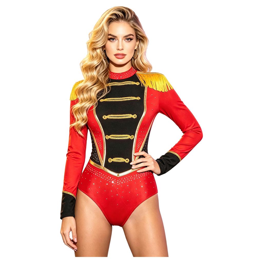 Women Long Sleeve Tassel and Rhinestone Decoration Bodysuit Braided Trim Back Zipper Jumpsuit for Circus Performance Cosplay Themed Party