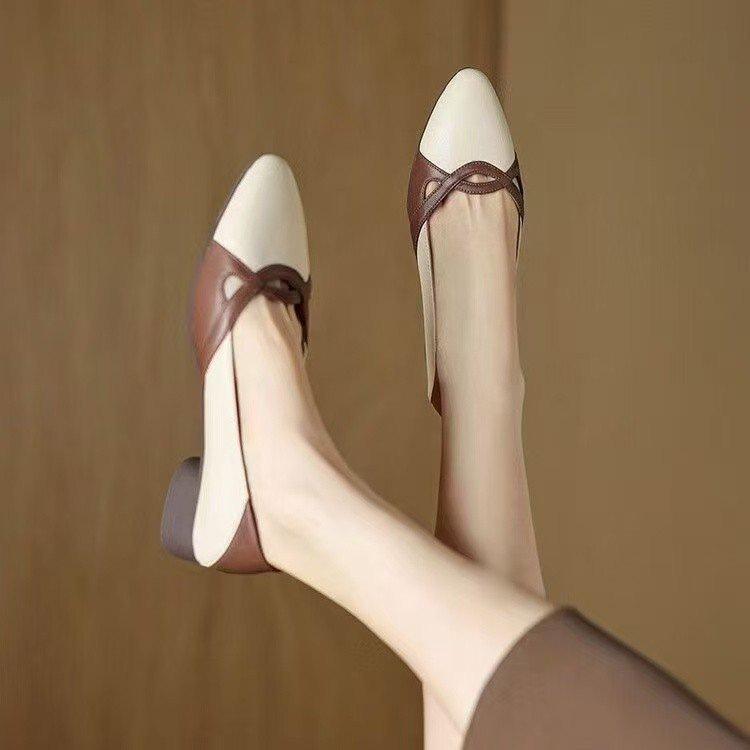 

French soft leather color matching low-heeled single shoes women s autumn 2025 new light-mouth pointed small leather shoes versatile grandma shoes 42