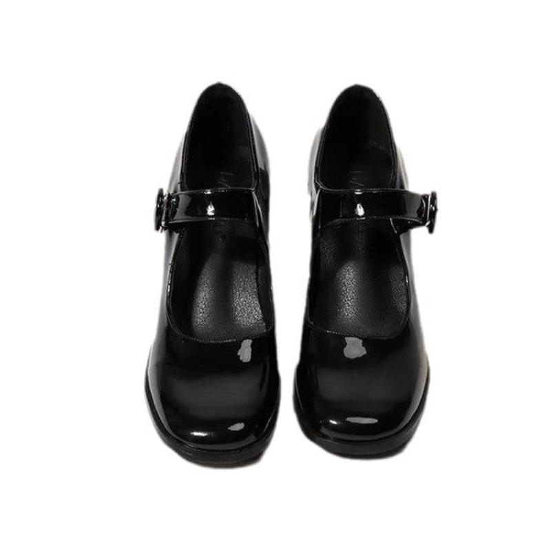 Fashionable and Sexy Female Retro British Style Black One Button Thick Heel Square Toe Single Shoes for Women