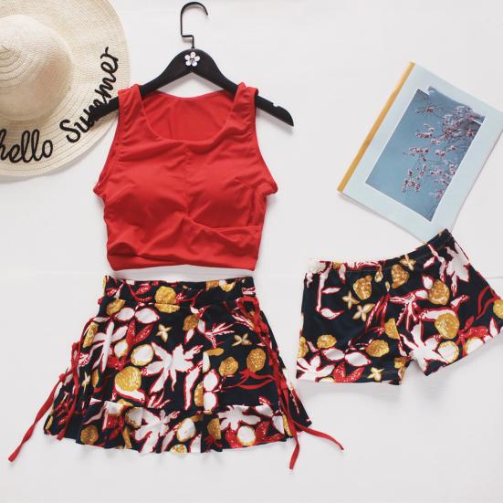 

3 шт./компл. купальный костюм с круглым вырезом, дышащий топ на шнуровке с цветочным принтом, трусы, комплект летних принадлежностей L красный