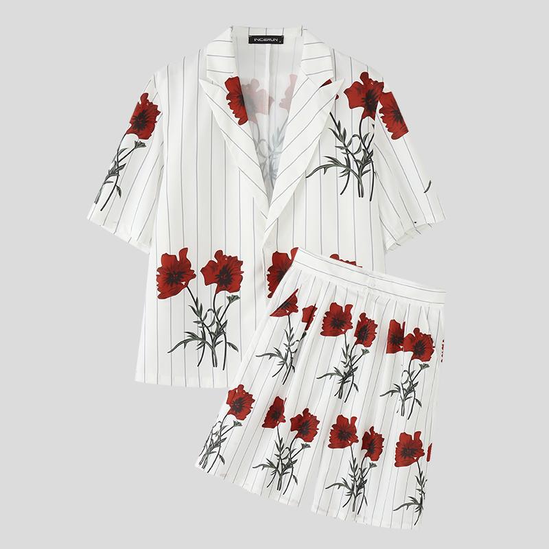 

INCERUN 2 шт. Комплекты Мужская рубашка с коротким рукавом с цветочным принтом + шорты с молнией на талии Повседневные костюмы 5XL белый