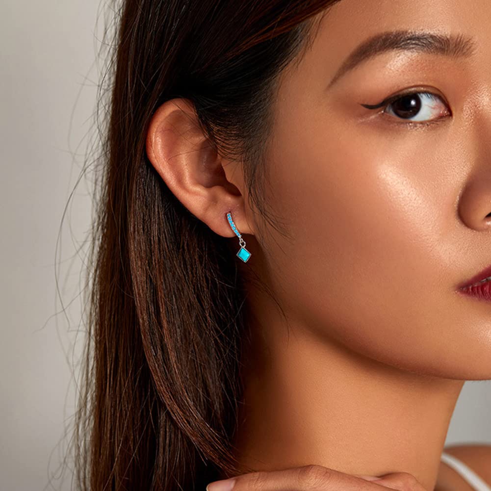 Rockyu Earrings for 925 Turquoise Square Hoop For For Both Pure Accessories Women, Small, Beautiful, Silver, Square, Geometric, Earrings, Diamond,