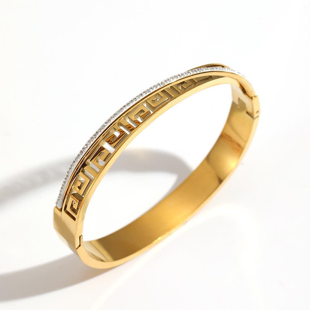 Retro Geometrisches Titanstahlarmband mit geflochtenem Muster & Strasssteinen für Damen