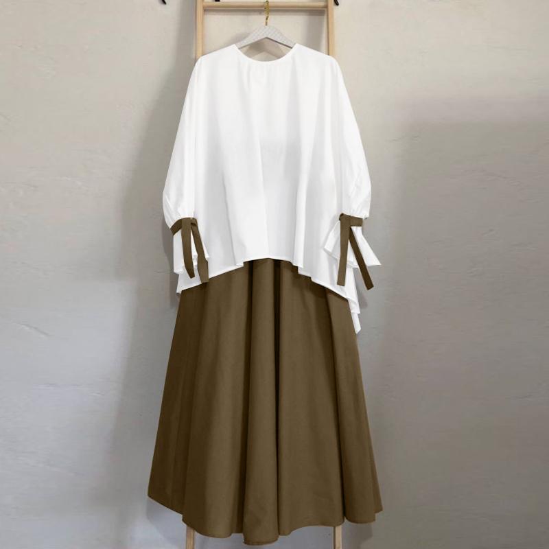 ZANZEA Women Autumn Round Neck Long Sleeve Blouses Pocket A Line Skirt Sets