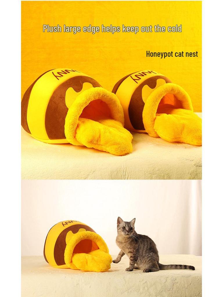 Honey Jar Cat & Dog Bed: Winter Warmth Thickened, Four Seasons Universal, Cute Semi-Enclosed Little Bee Pet Bed