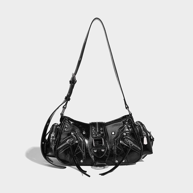 

Сумка в винтажном стиле для мотоциклистов, модная сумка на плечо с заклепками, многокарманный дизайн, сумка через плечо из вощеной кожи чёрный