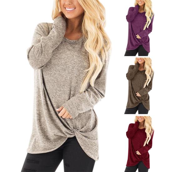 Women T-shirt Round Neck Long Sleeve Twist Knot Tunic Tops Solid Color Casual Pullover Tops Daily Wear