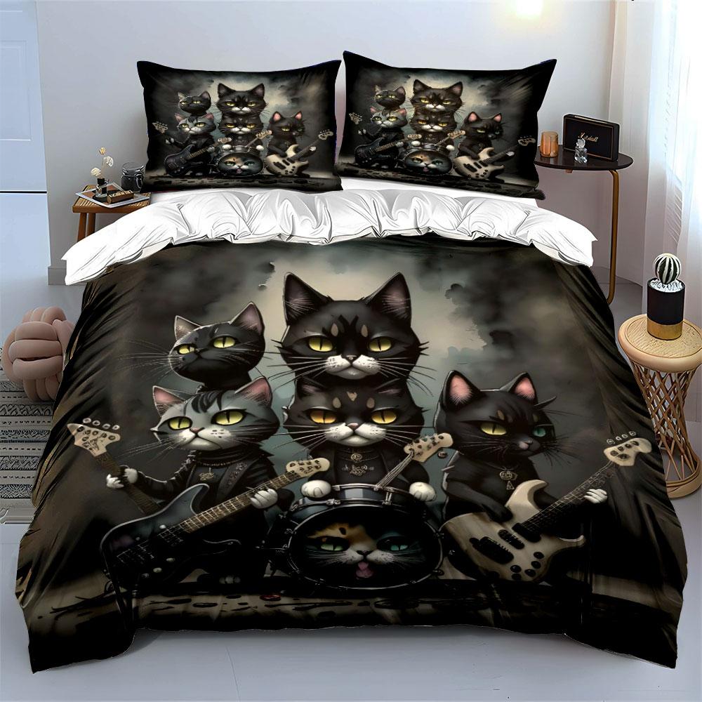 "Rock Band Cat Theme Decor" Bedding Set with 1 Duvet Cover 2 Pillowcases Single Double King Queen, Gift
