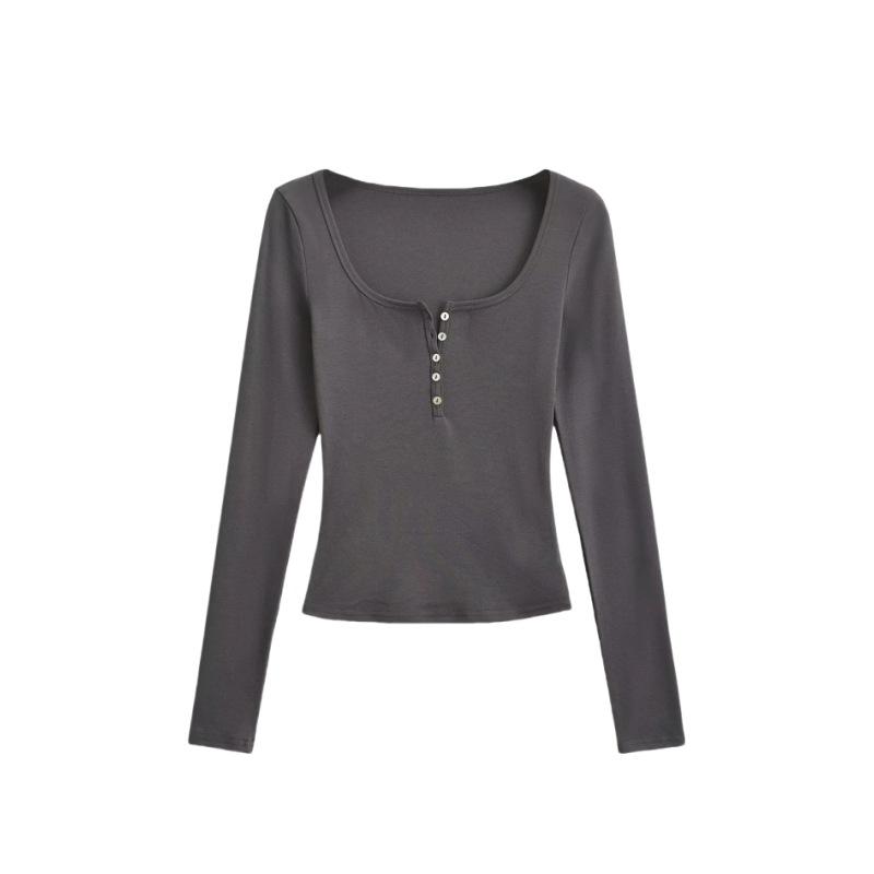 Women's U-Neck Long Sleeve Slim Fit Crop Top Solid Color Casual Basic Tee