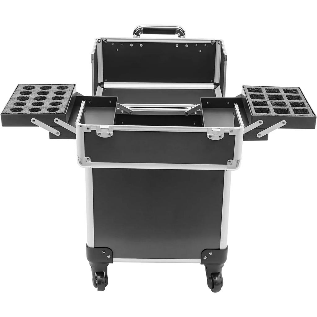 Travel Beauty Luggage Portable Large Capacity Makeup Train Case, with 2 Keys and 4 Universal Wheels Black/Pink