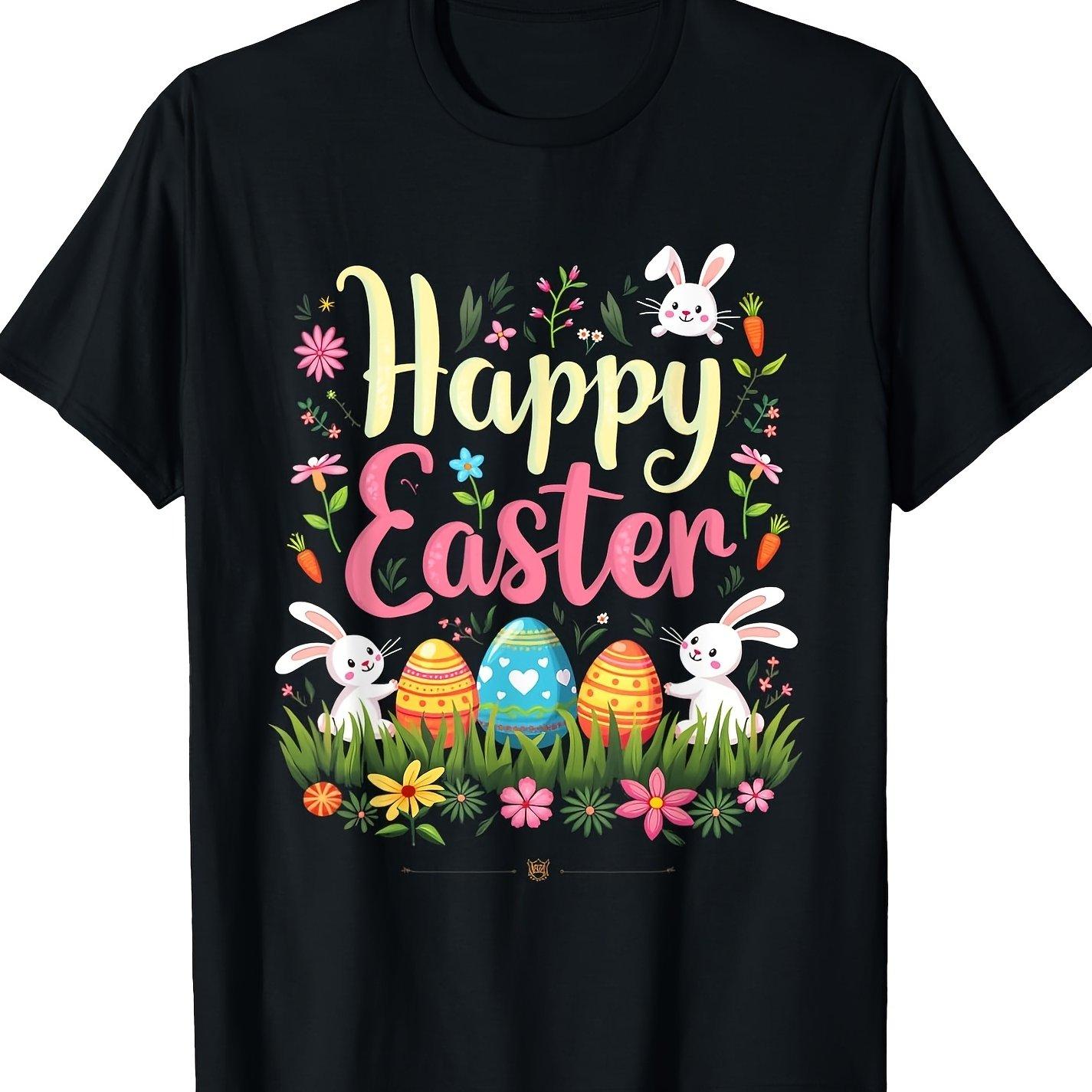 Happy Easter Bunnies Eggs Flowers Graphic Print Men Casual Cotton Crew Neck T Shirt 4XL