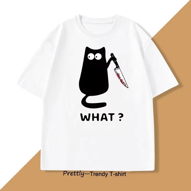 

2025 Забавная футболка с принтом черного кота, хлопковая, с коротким рукавом, с круглым вырезом, футболка для мужчин и женщин, дышащая, унисекс, свободная, для любителей кошек 4XL