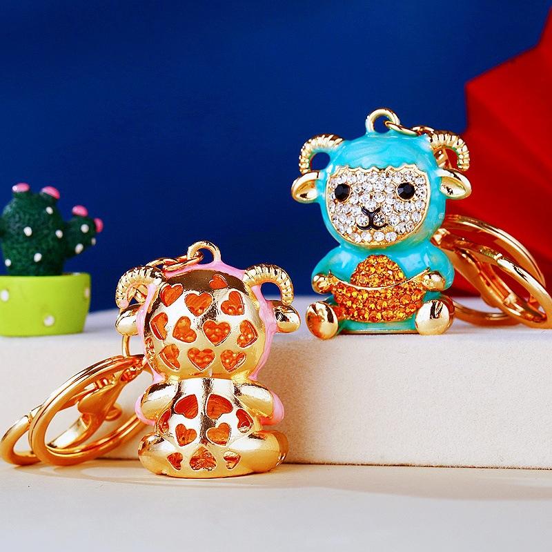Goat Zodiac Sheep Keychain Durable Metal With Rhinestones Chinese Lucky Charm Pendant For Car