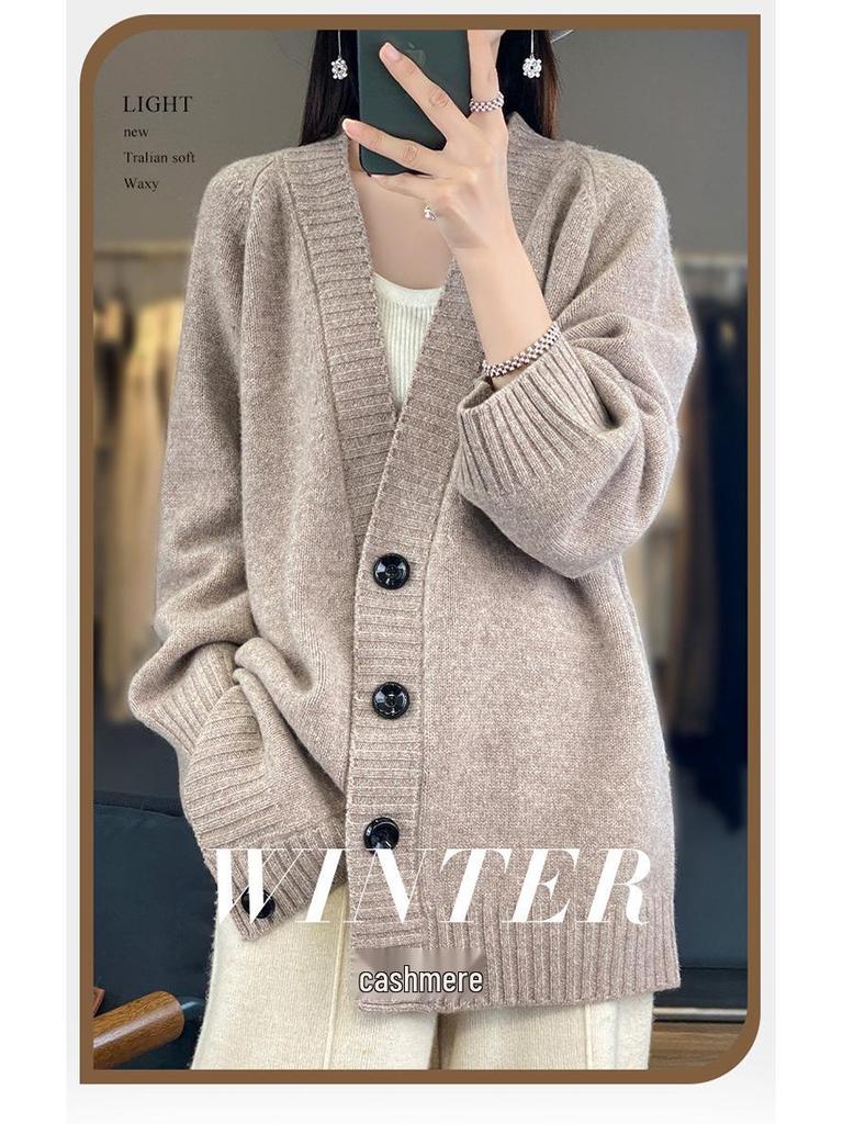 Kaschmir-Cardigan mit V-Ausschnitt im koreanischen Stil: Lässig, Pendlertauglich, Vielseitig, Einfach geknöpfter Strickmantel.
