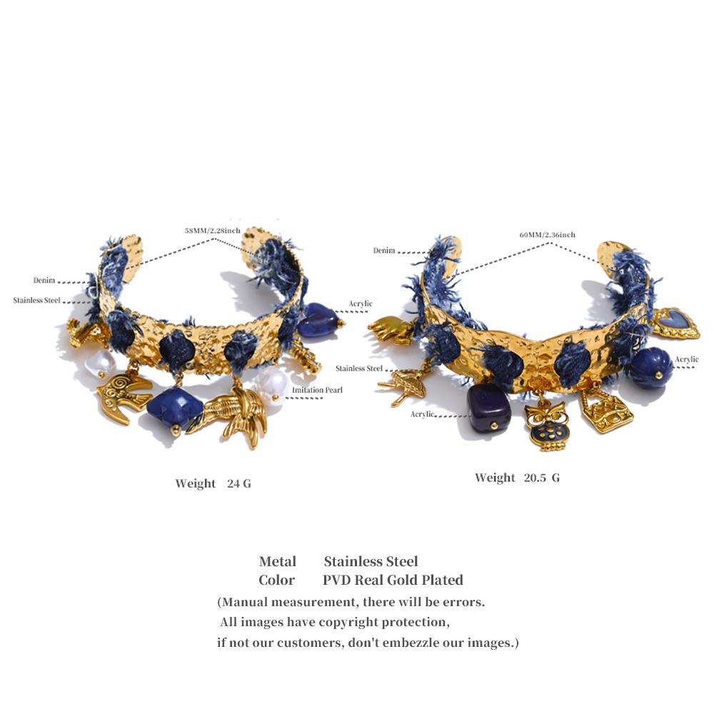Eetit Exklusives Design Blauer Denim Acrylperle Vogel Herz Tropfen Manschette Retro Armband Edelstahl Markanter Anhänger Schmuck