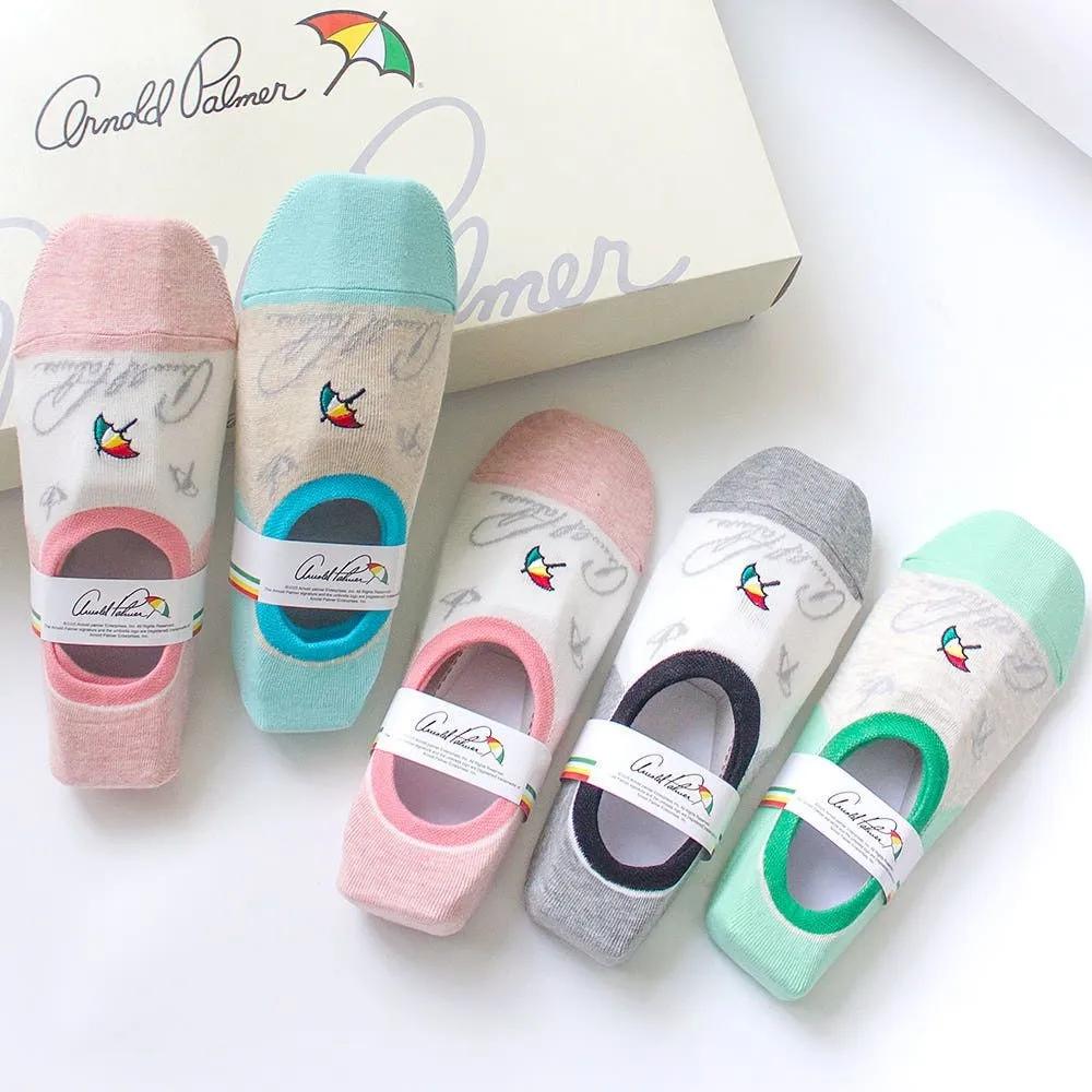 Arnold Palmer Women s Footie Set of 5 Lettering Logo Footies Non-slip Fake Socks SL024_AP Logo Socks 5 Pairs (Random Color)