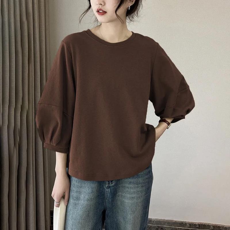 Women's Retro Lantern Sleeve T-Shirt - Hong Kong Style, Casual 3/4 Sleeve Top, Spring/Summer 2026 Collection