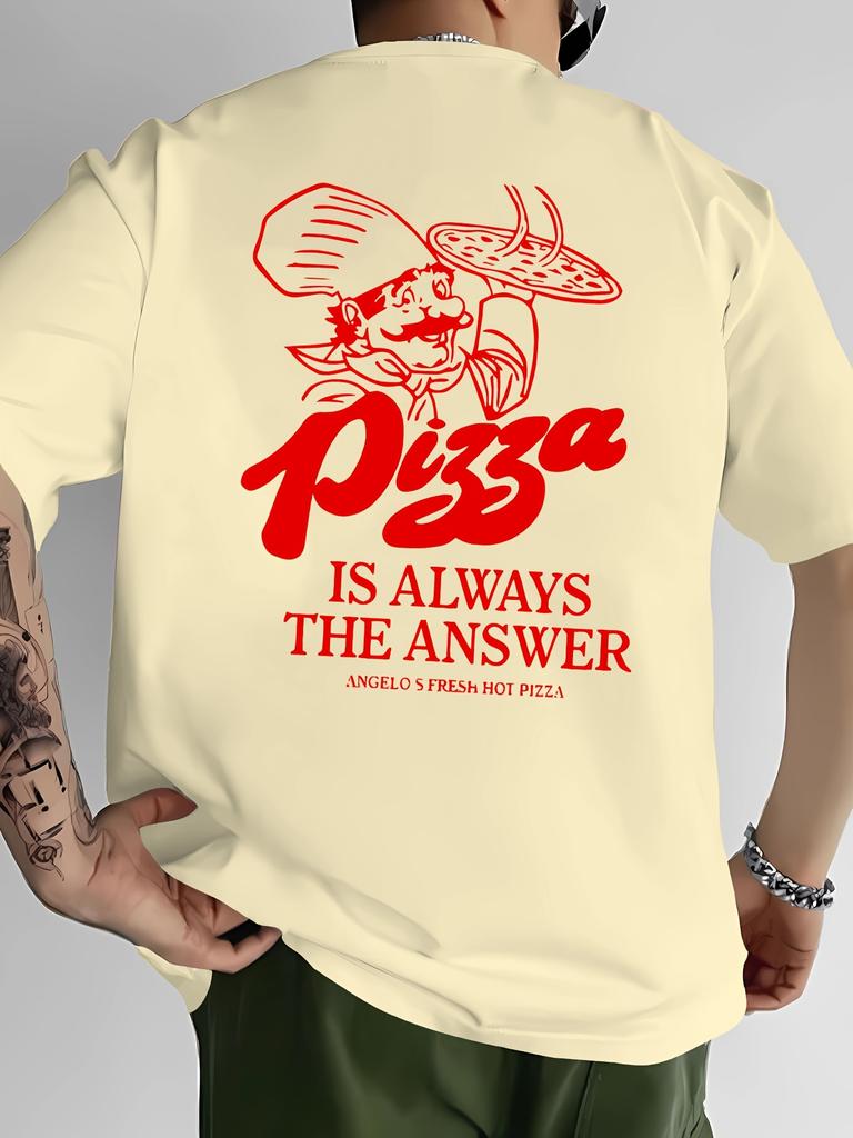Spring and Summer New Mens Cotton Pizza Letter Pattern Printed Tshirt Casual and Fashionable Short Sleeved Round Neck Tshirt