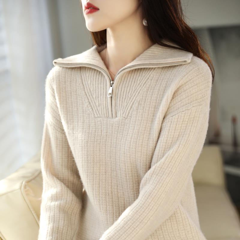 Women's Wool Lapel Cardigan - 2025 Autumn/Winter Half-Zip Knit Pullover Sweater