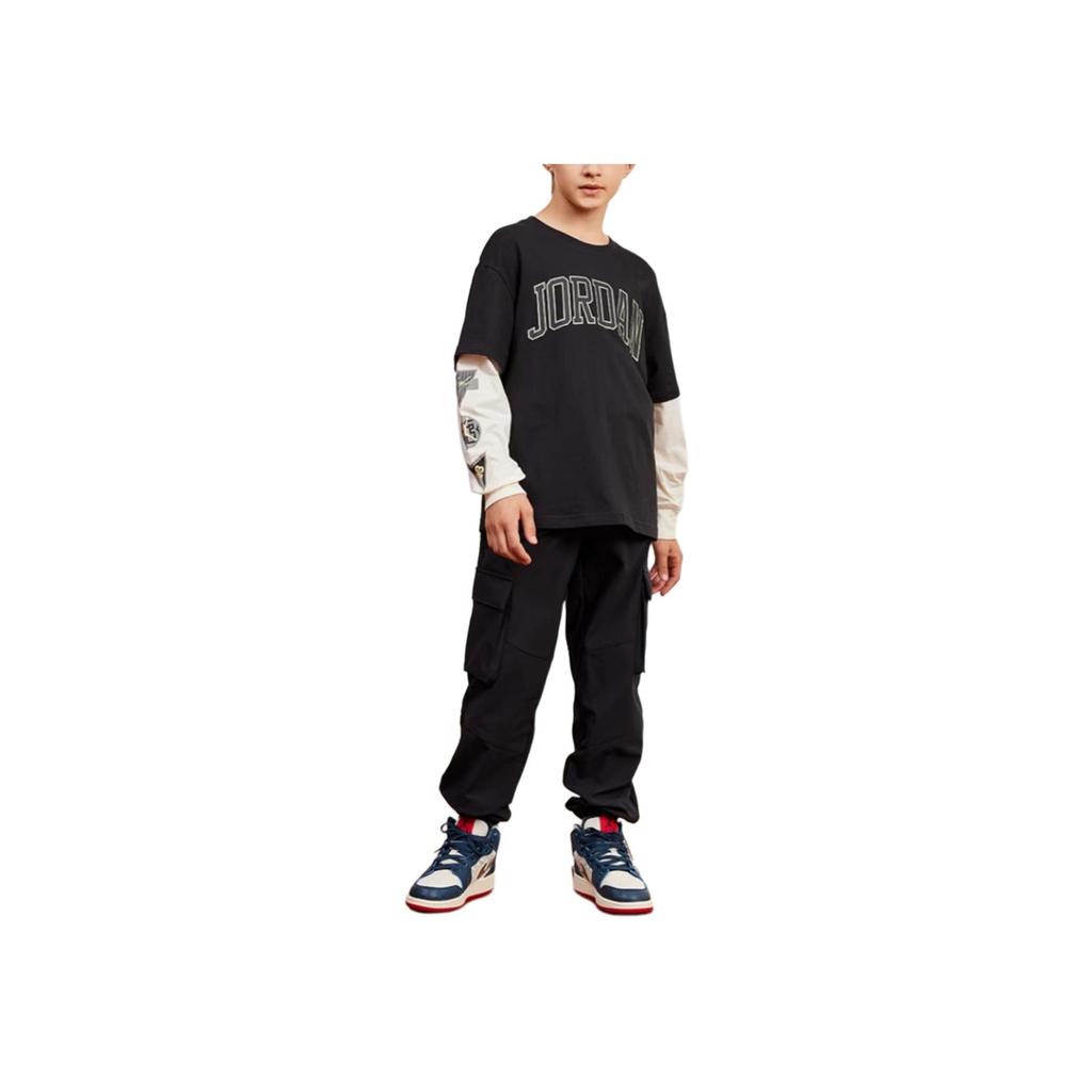 Jordan Modisches Rundhals-T-Shirt mit Buchstabenprint, Fake-Zweiteiler, Langarm, Kinder Oberteile, Schwarz JD2442168GS-002