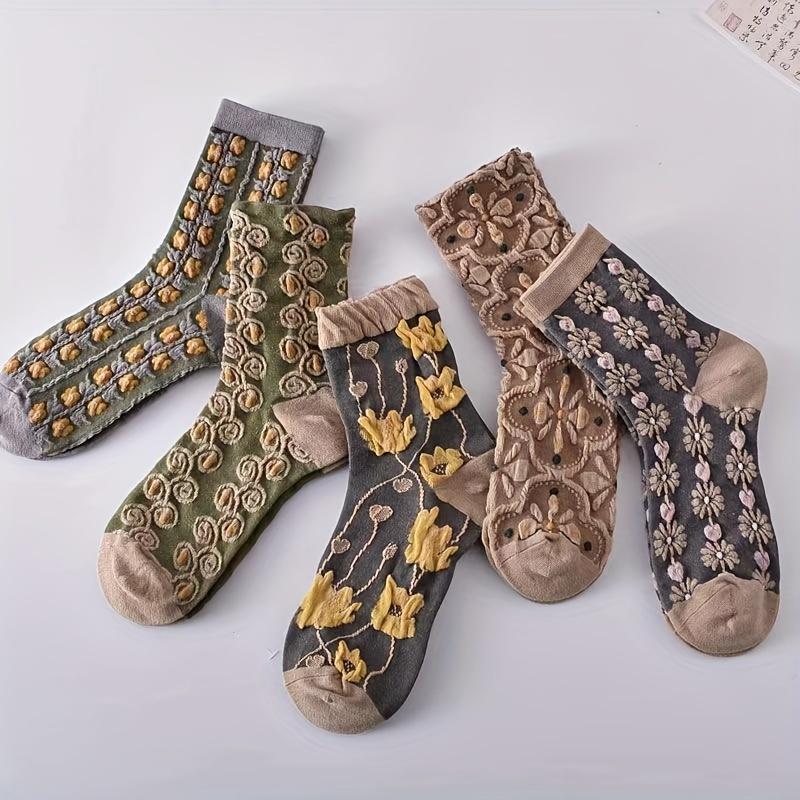 5-Pack Women's Mid-Calf Socks - Embossed Floral & Lace Design, Breathable Ribbed Cuffs, Assorted Colors for Casual & Dressy Occasions