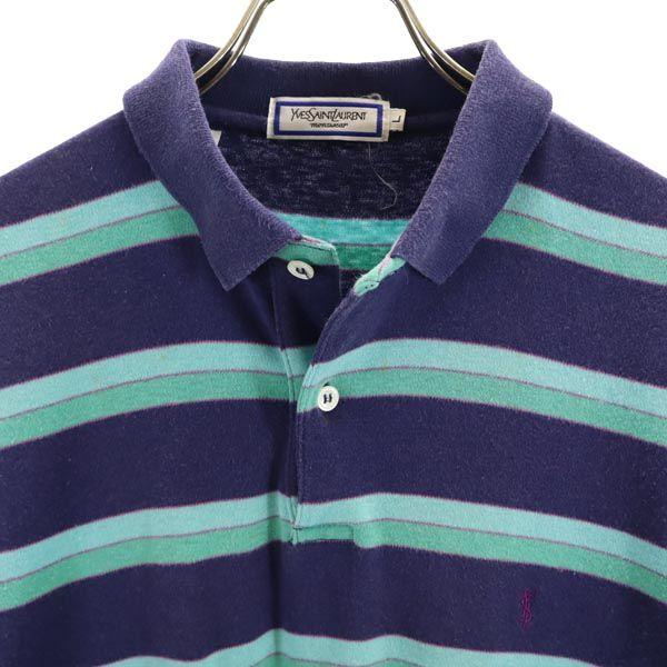 Yves Saint Laurent Border Pattern Short Sleeve Polo Shirt L Navy System Men's Used