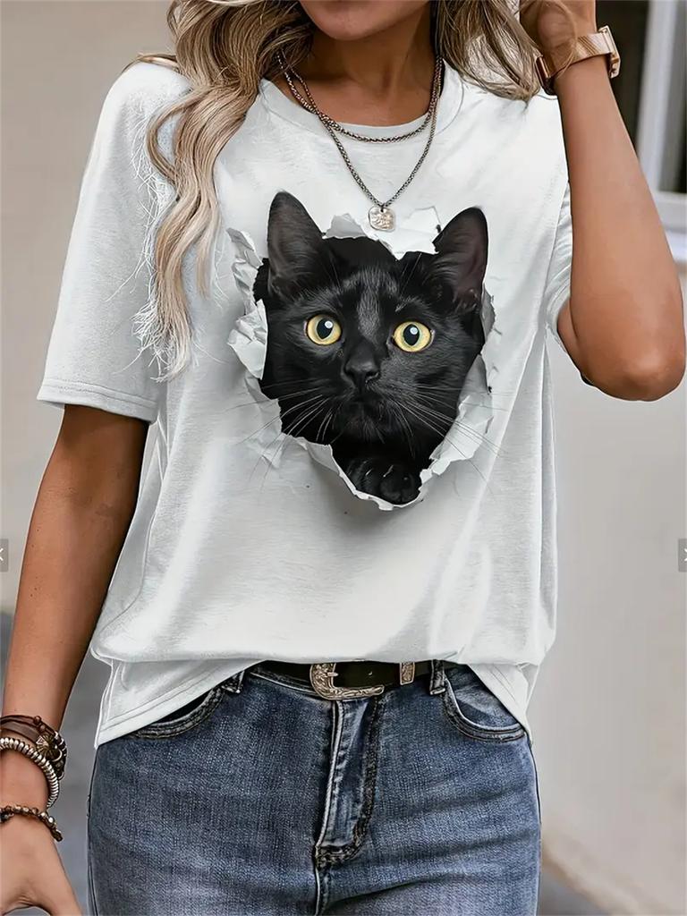 2025 Damen T-Shirt Lässig Mode Kurzarm Neu Lustig Cartoon Tier Katze 3D Druck T-Shirt Für Damen Tägliches Oberteil