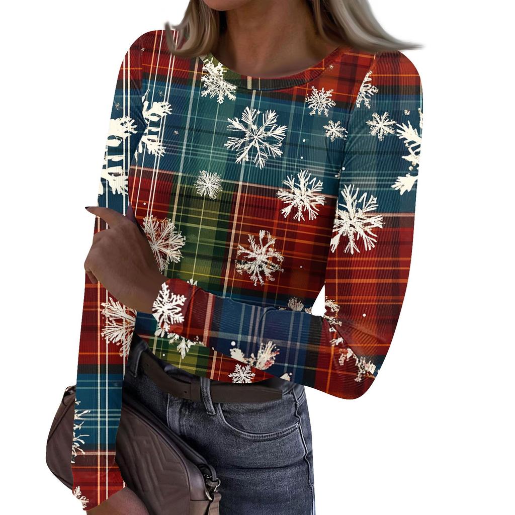 Women's  And Winter Slim Bottom T-shirt Fashion Casual Christmas Printed Round Neck Pullover Long Sleeve Top