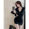 French-style Sexy V-neck Long-sleeve Dress for Women, New Winter Slim Pleated Inner Layer, Bodycon Skirt