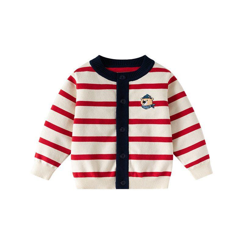 Spring and Autumn Children's Clothing Boys' Sweater Cardigan Baby Striped Knitwear Round Neck Clothes Children's Woolen Top Jacket