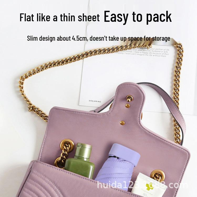 Mini Black Vinyl Six-Fold Umbrella for Women - Dual-Use Sunshade & Rain Protection