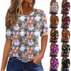 Women's Casual Short Sleeve Pullover Top Halloween Spider Web Pumpkin Print Round Neck Blouse Lightweight Comfortable Fit
