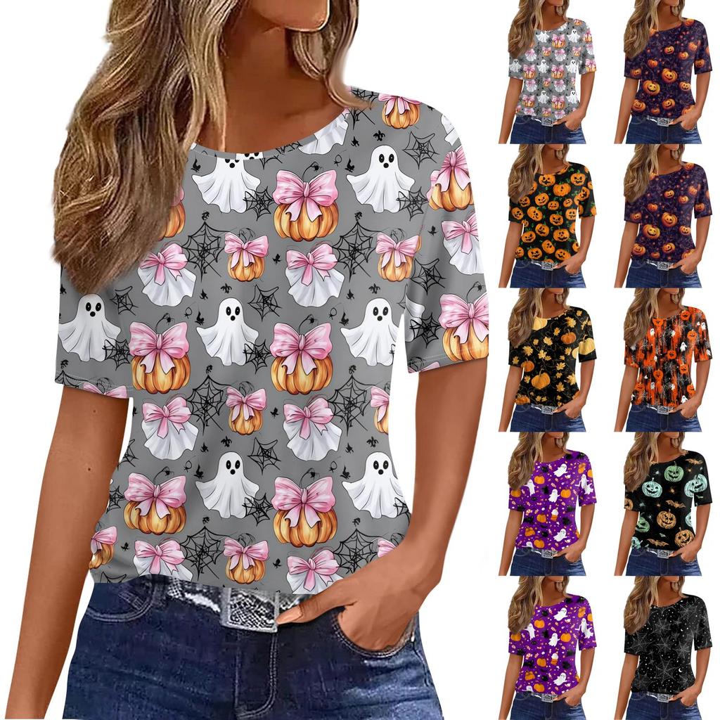 Women's Casual Short Sleeve Pullover Top Halloween Spider Web Pumpkin Print Round Neck Blouse Lightweight Comfortable Fit