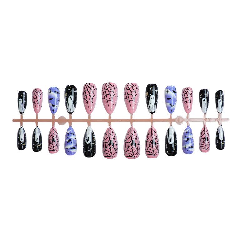 24 pcs Almond-Shaped Halloween Nail Tips with Spider Web and Bat Designs - High-End Wearable Nails