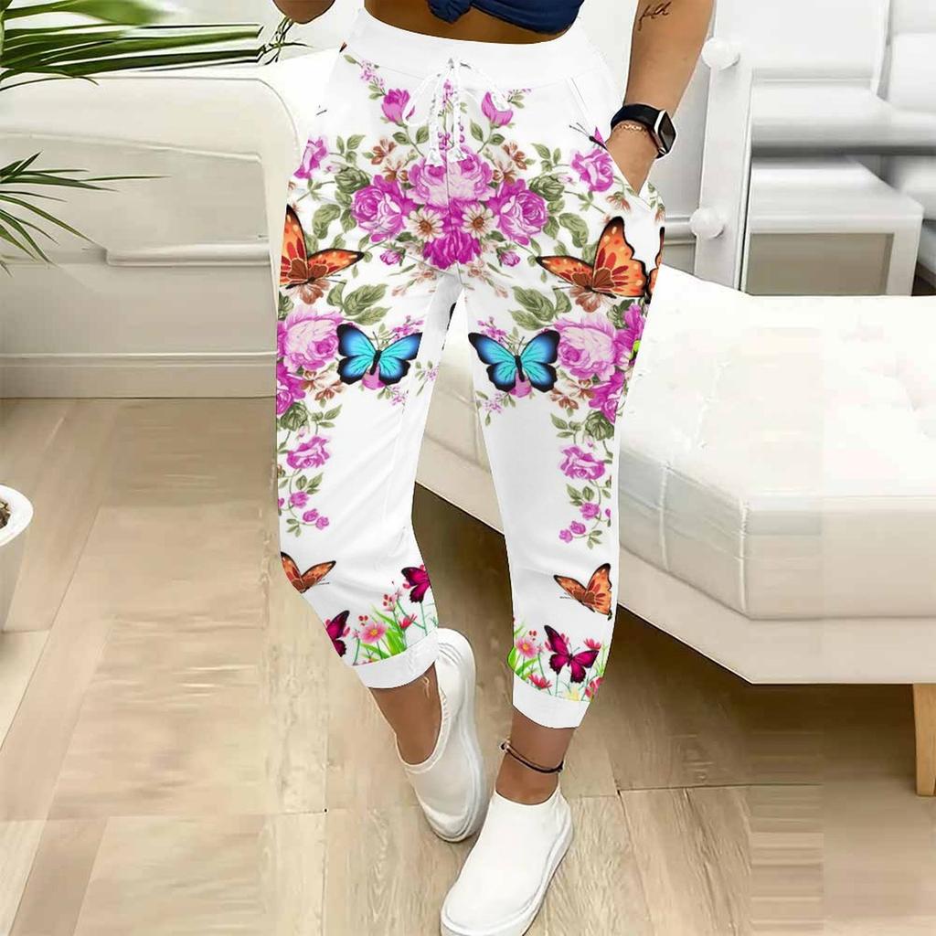 Sommer Damen Blumenmuster Print Schweißhose Lockerer Schnitt Kordelzug Jogginghose Elastischer Bund Tägliche Lässige Hose
