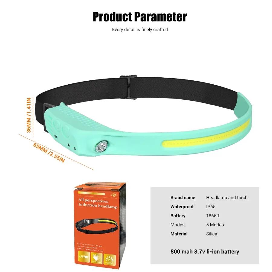 1PC/2PCS Built-in Battery Rechargeable Headlamp 5 Lighting Modes Super Bright Induction Headlight LED COB Waterproof Headlight