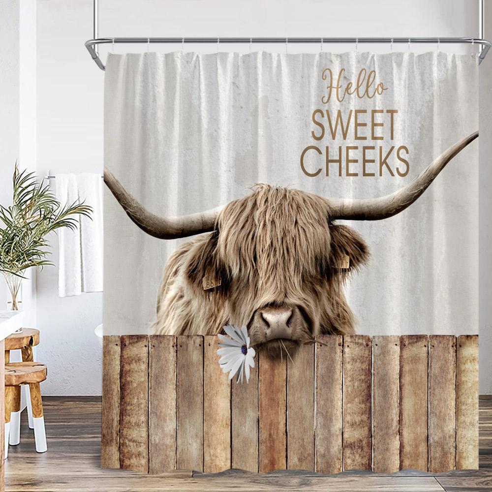 Farm Animal Print Shower Curtainh Funny Highland Cow Donkey Pig Horse Floral Vintage Wooden Plank Fence Retro Bathroom Curtain