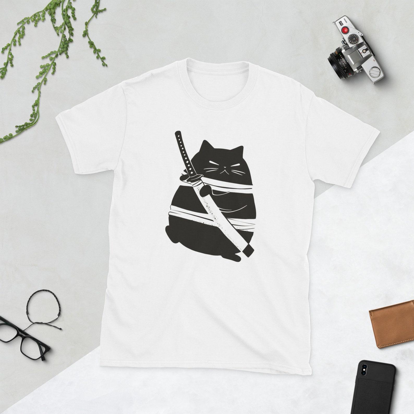 Samurai Cat Graphic T-Shirt: Ninja Kitty Warrior Tee S